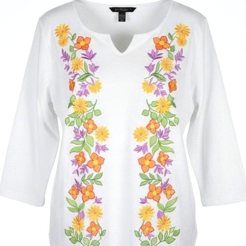 Bob Mackie Wearable Art Embroidered Floral Womans White Tunic Size L - Picture 4 of 6